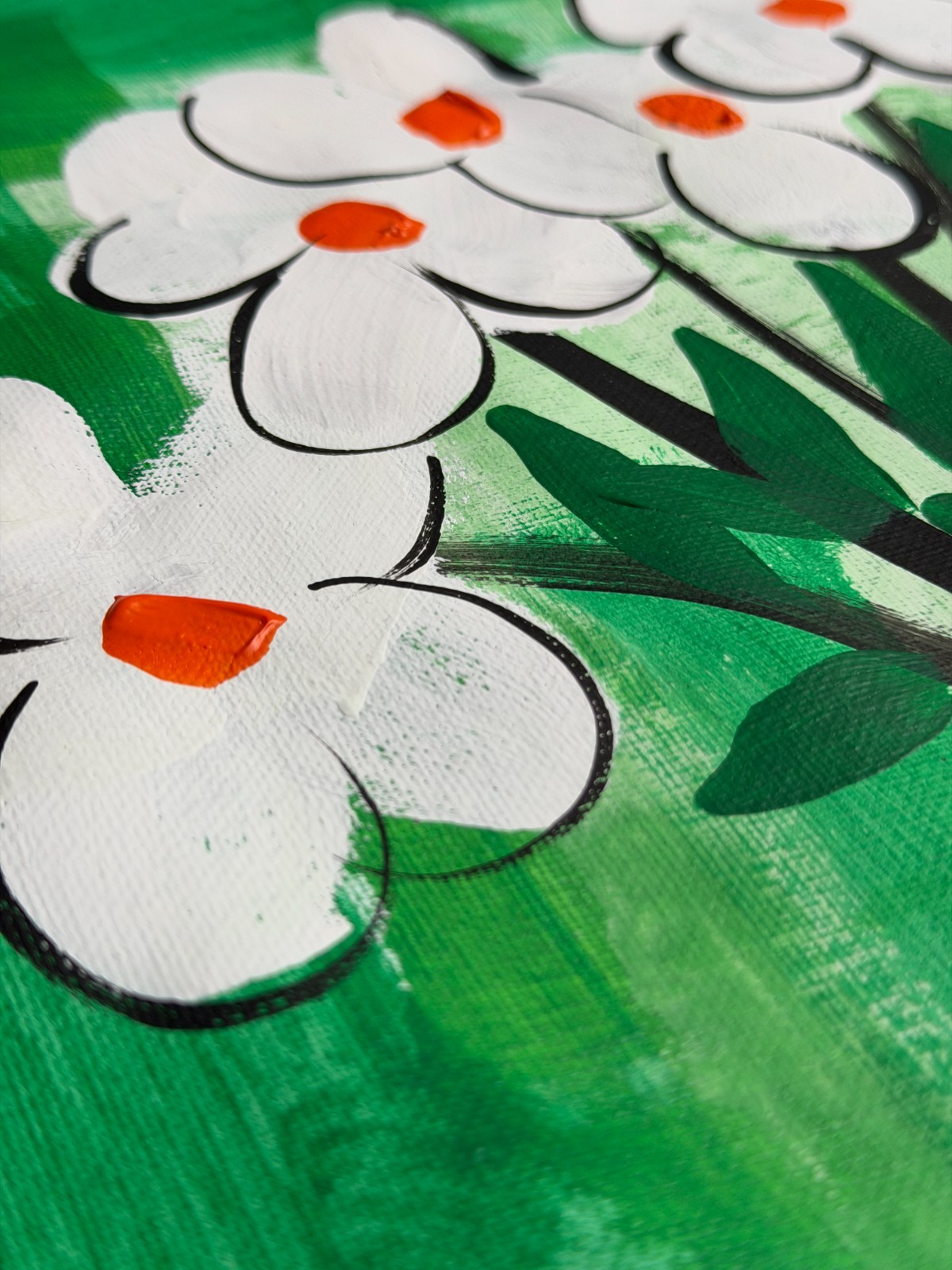 Original «White & Green Flowers – Set 4″ – Acrylic Painting 16×12» Canvas Paper