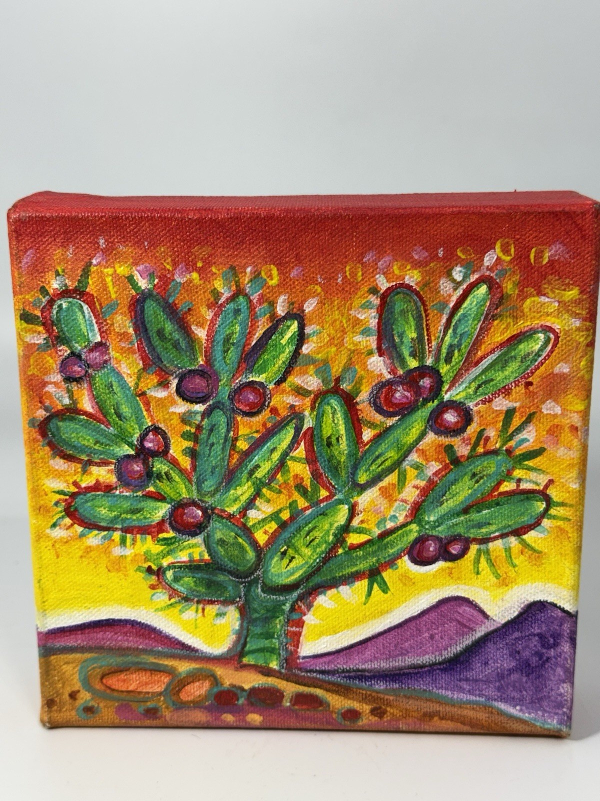 Prickly Pear Desert Cactus on Canvas 6” by Artist Rachel Houseman 2014