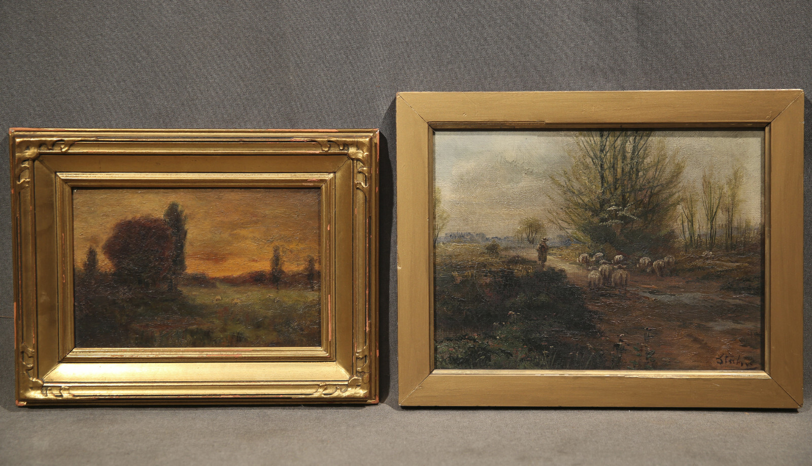 Pair of Antique American Oil Paintings, «Countryside Landscapes with Sheep»