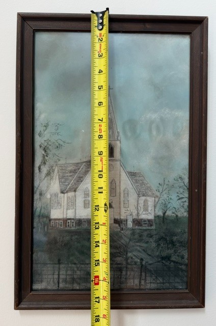 VINTAGE ORIGINAL PENCIL/CHALK FRAMED PAINTING WHITE STEEPLE CHURCH SCENE ARTWORK