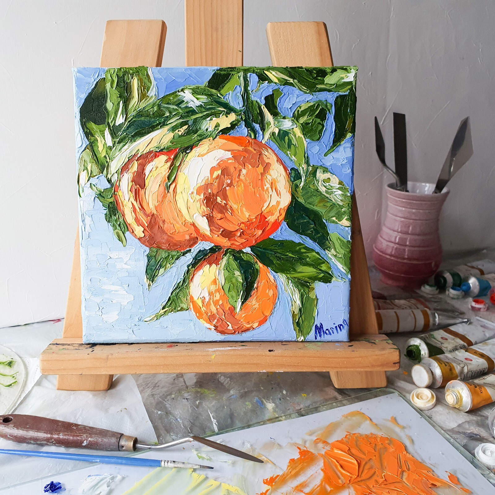Orange Painting Tree Branch Original Art Citrus Fruit Still Life Small Vegetable