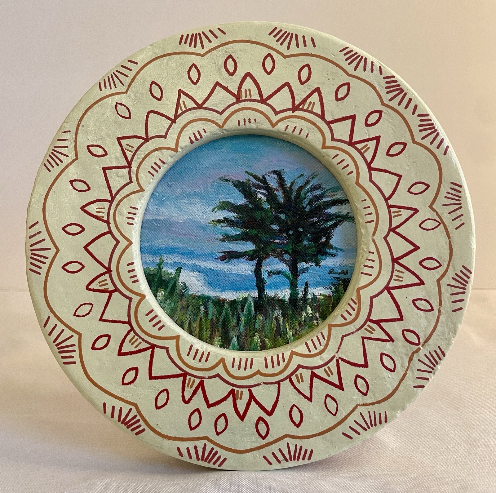California Cypress Tree Painting Framed Round Coastal Landscape Wall Art