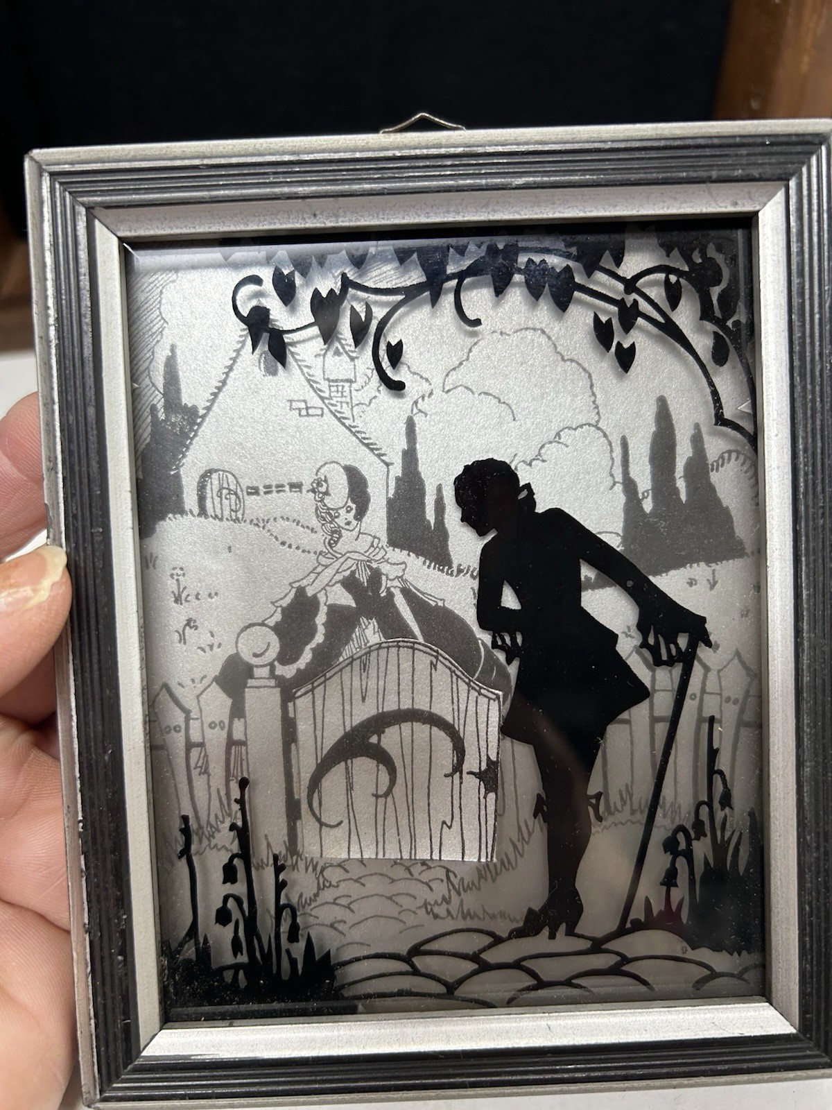 2 VTG Art Deco Silhouettes Reverse Painted On Glass Deltex 1933