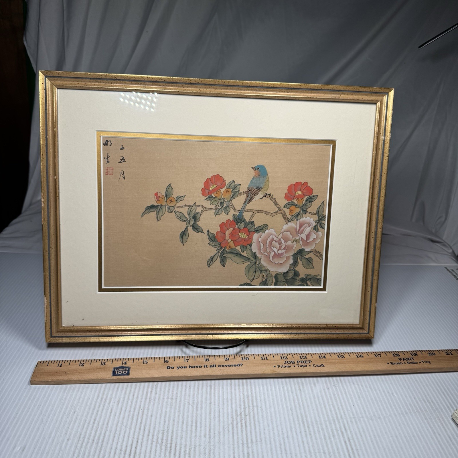 VTG Signed Japanese Art Silk Painting Blue Bird On Branch Framed, 13 x 17″ in