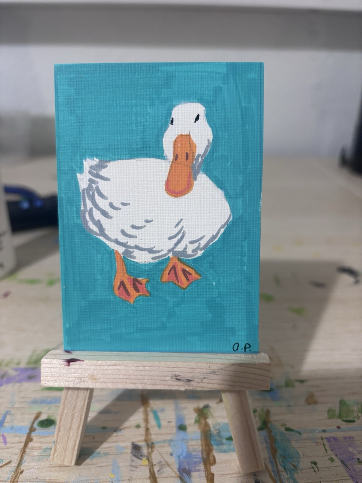 ACEO Original Art, White Duck, Acrylic Marker Painting