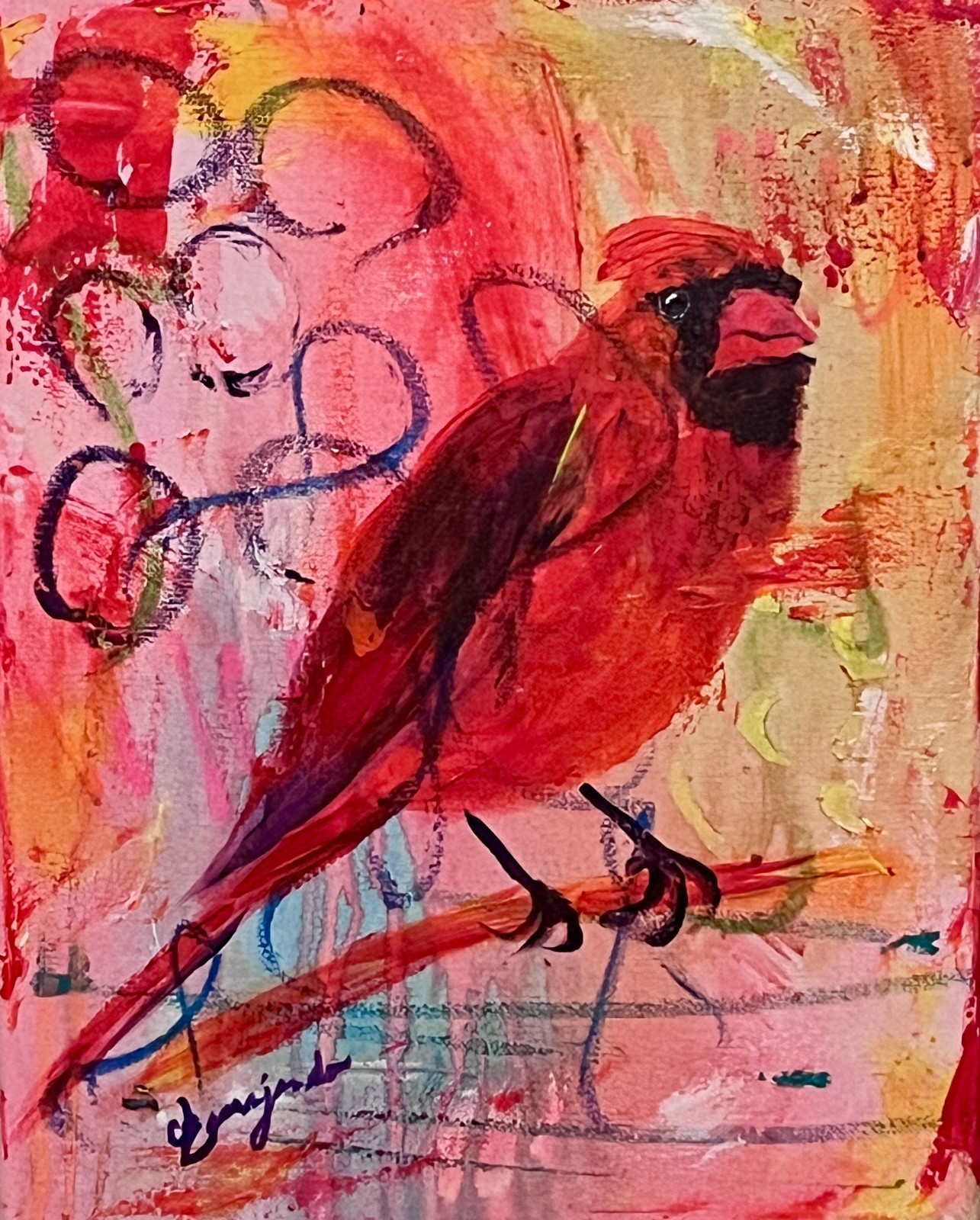 GUAJARDO Original Expressionism Neon Cardinal on Branch 14X11 Canvas Signed Art