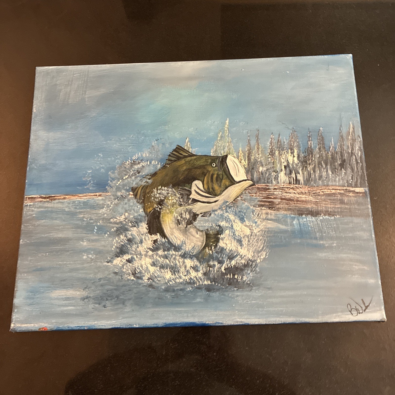 Large mouth Bass Jumping, Acrylic On Canvas, 16×20 Signed