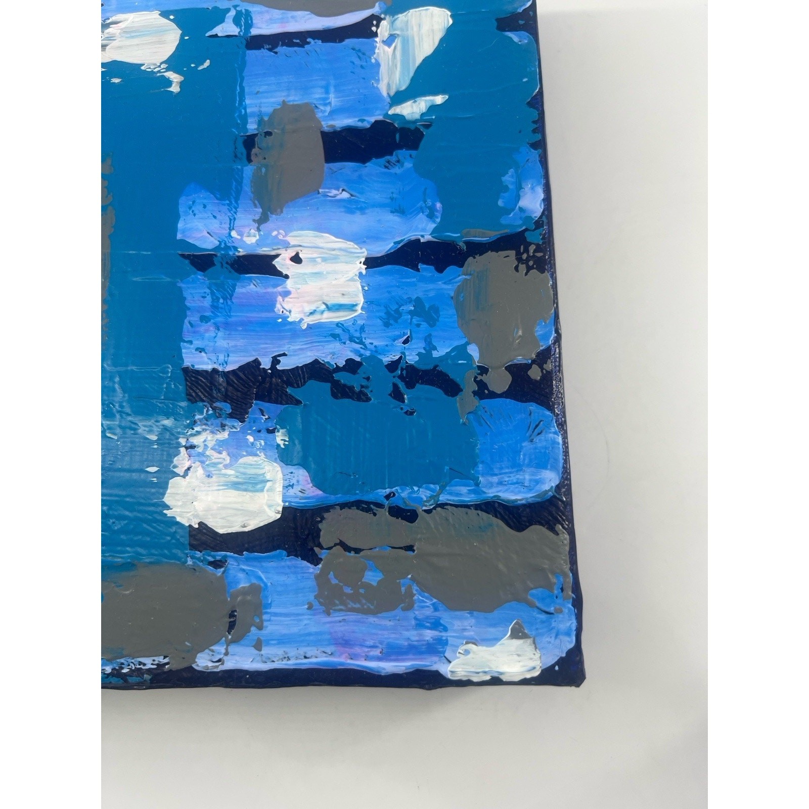 Hand-Painted Acrylic Canvas Abstract Blue Gray 7.5x8x1.5 Modern Artwork Art