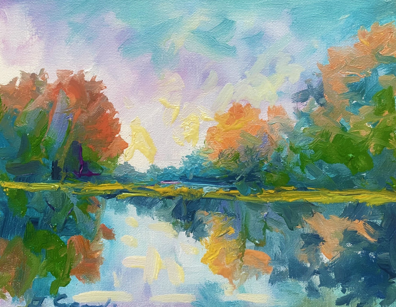 Impressionist Landscape Oil Painting Lake Reflection Autumn Colorful Sky 8*10