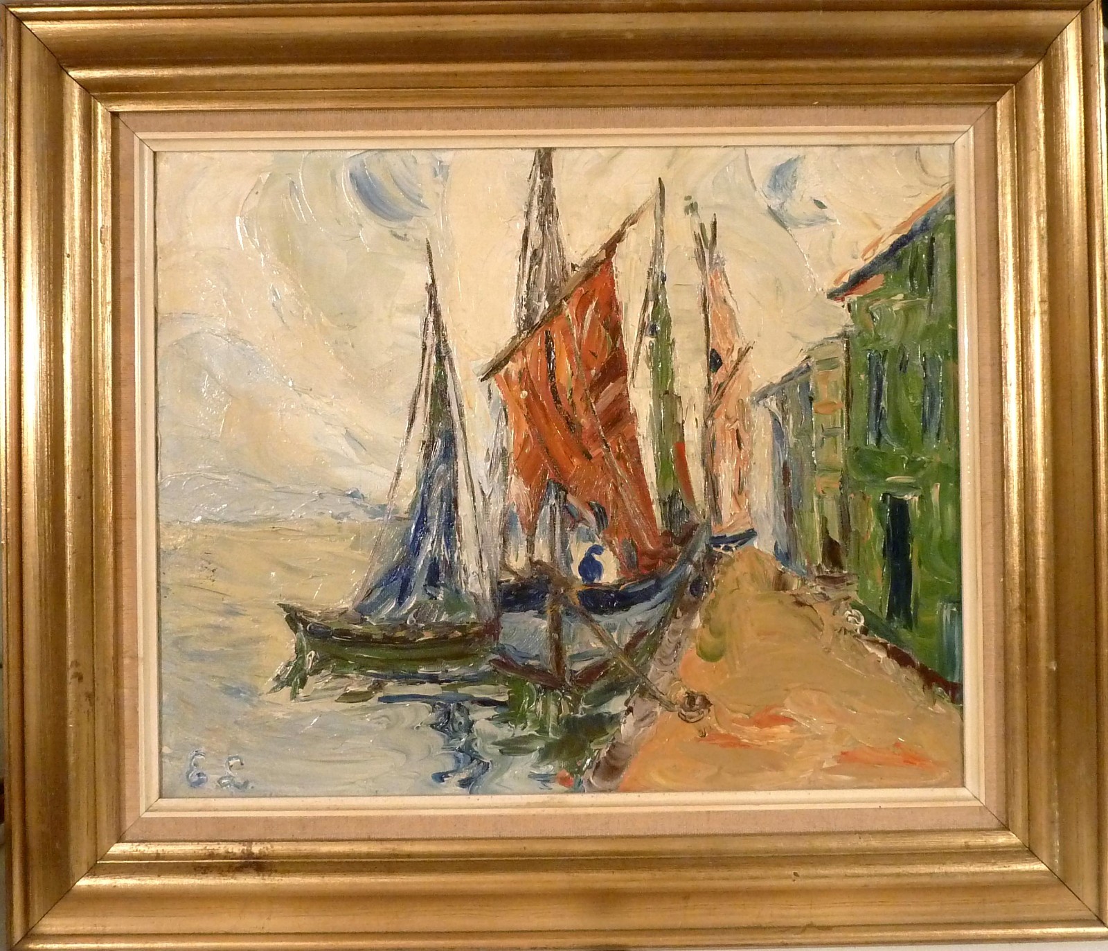 MONOGRAM SIGNED! SCENERY FROM A SMALL FISHING HARBOR