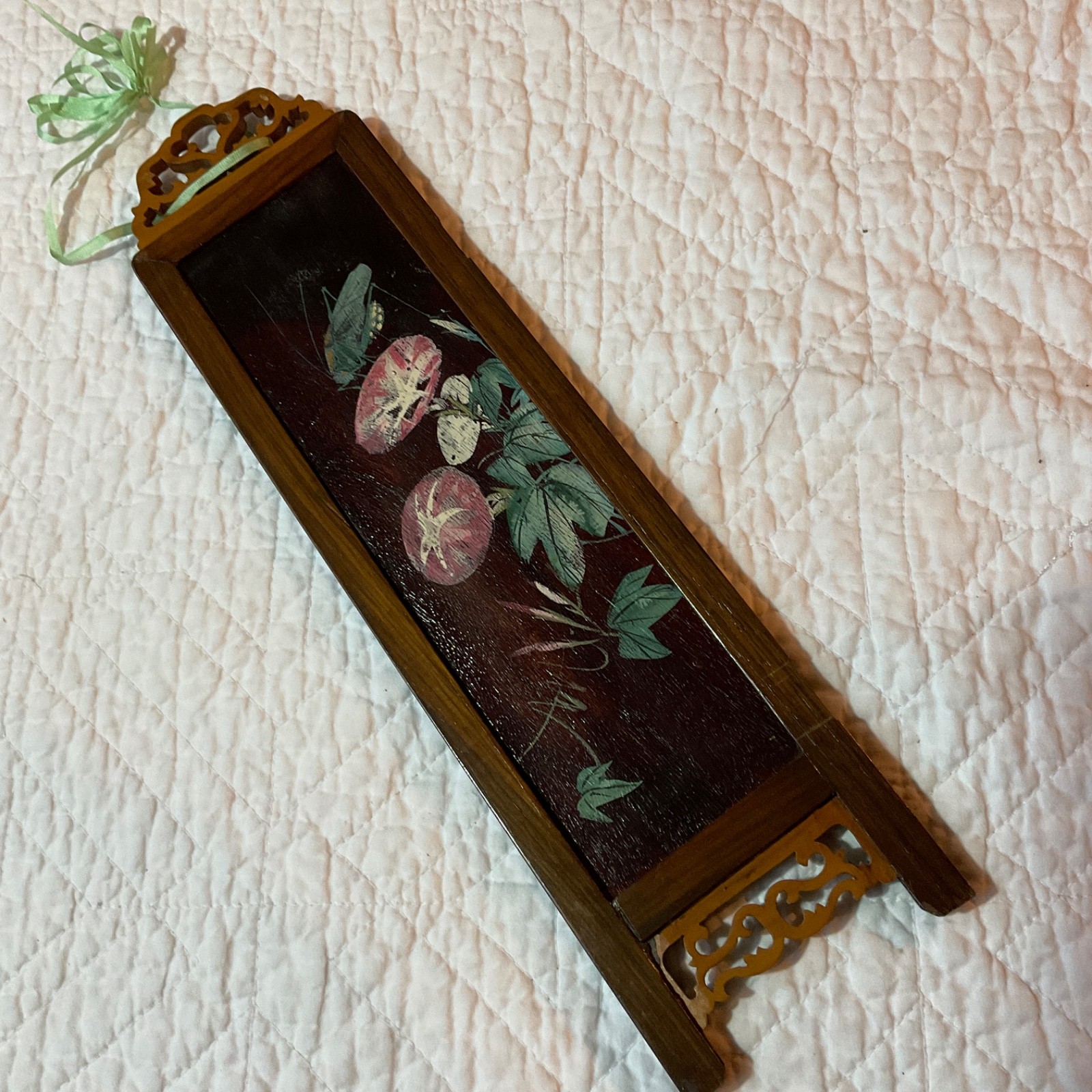 Small two sided Asian painting, original handpainted, flowers, floral birds