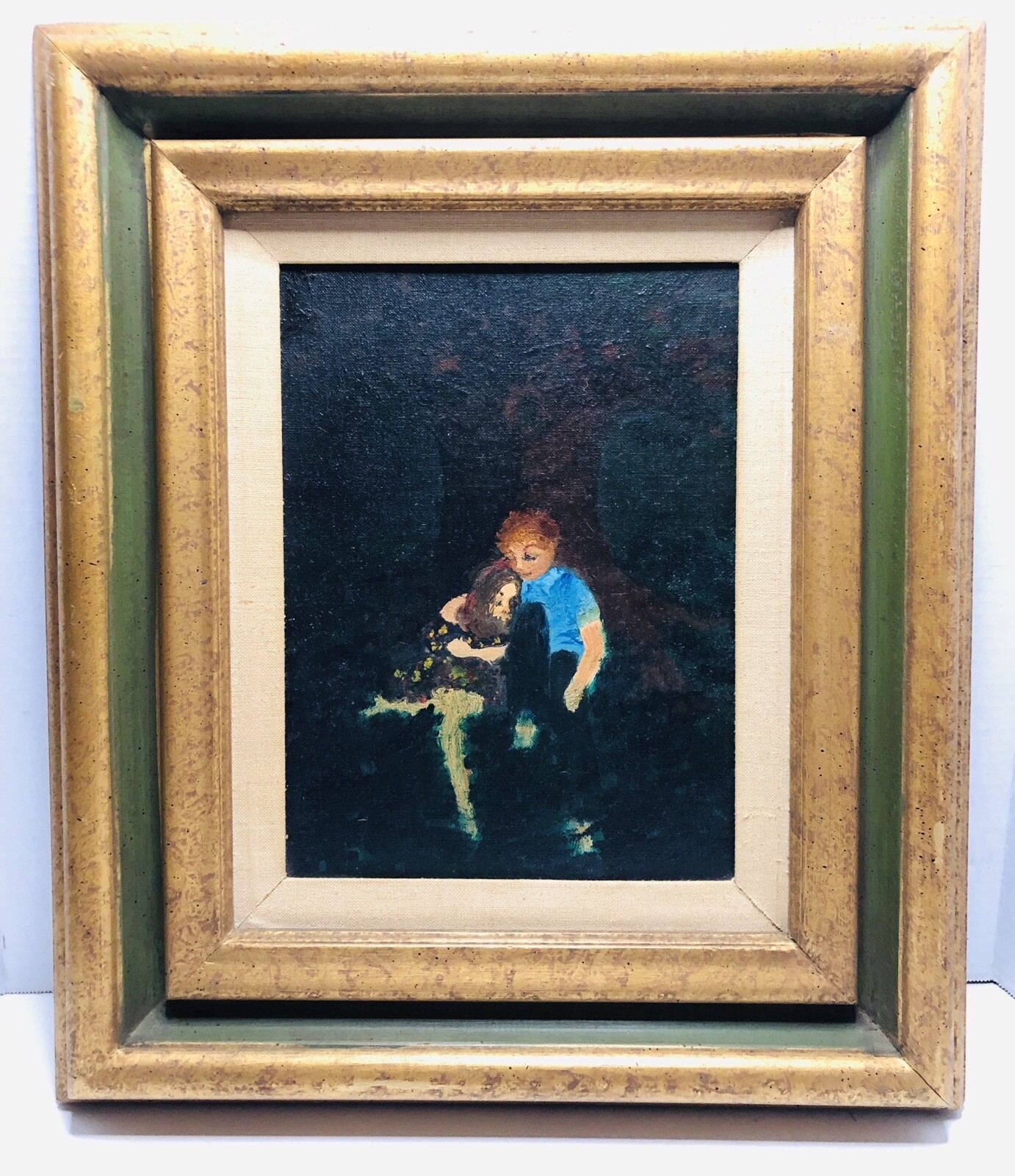 Original Oil Painting Boy & Girl Under Tree 9×12 Canvas Board in Frame Unsigned