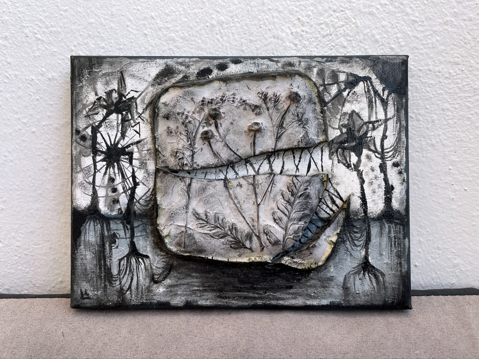 Broken life, conceptual artwork, mixed media painting, interior art, gray black