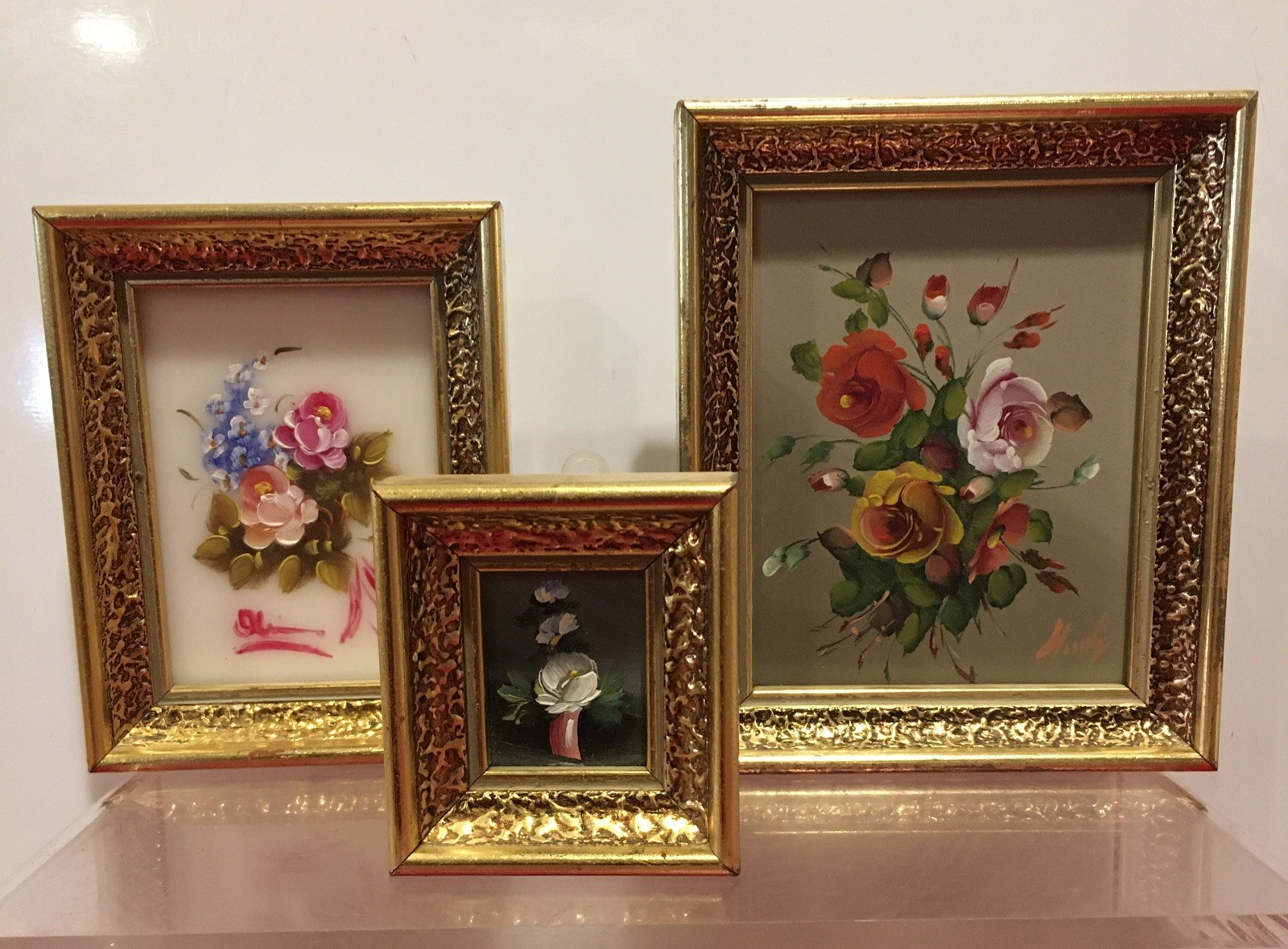 Verilyn Gallery Spain 3 Signed Art Hand Painted Flowers Gilt Gold Frames