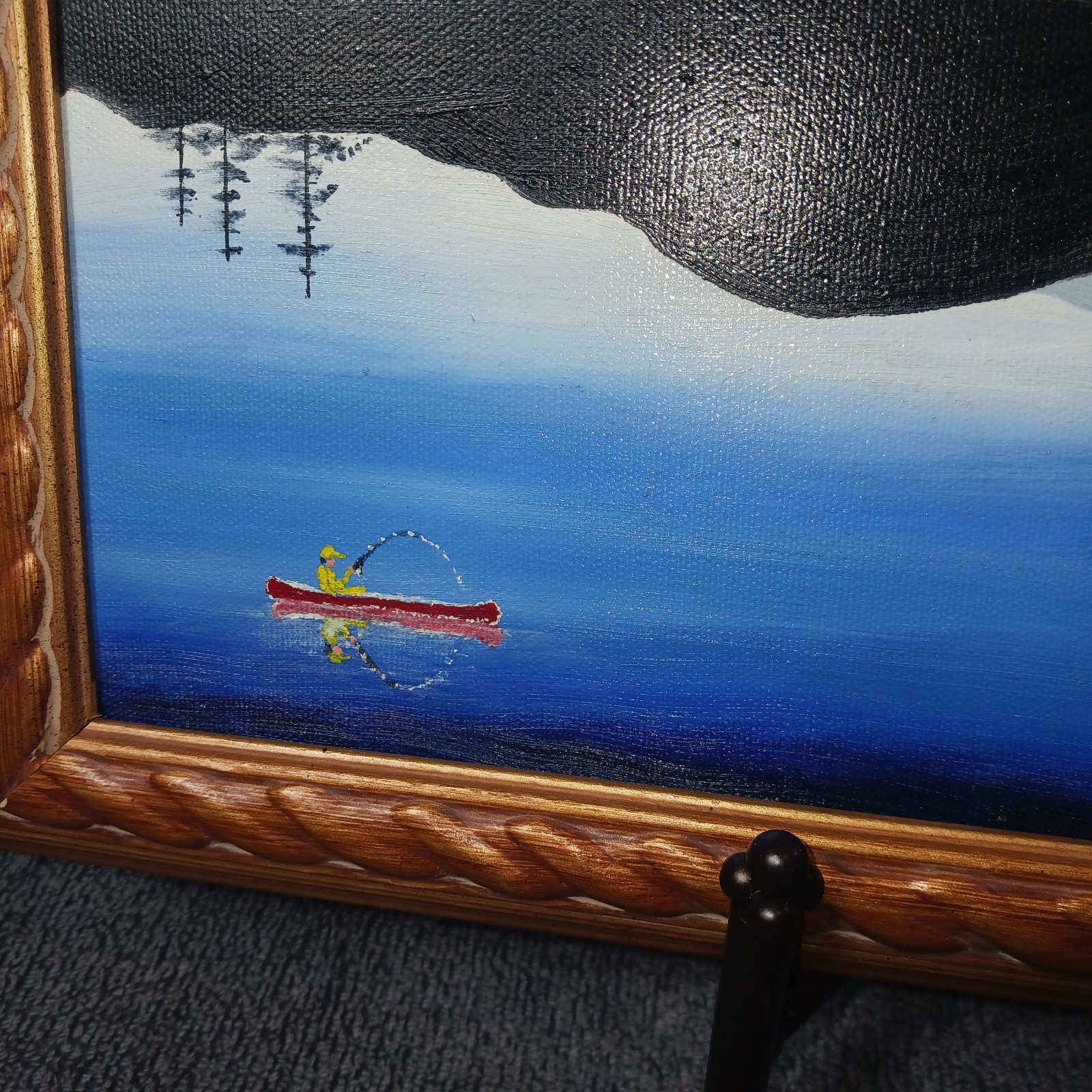 Vintage Artist Signed Painting, Mountain Reflection Lake Fisherman 18 × 14