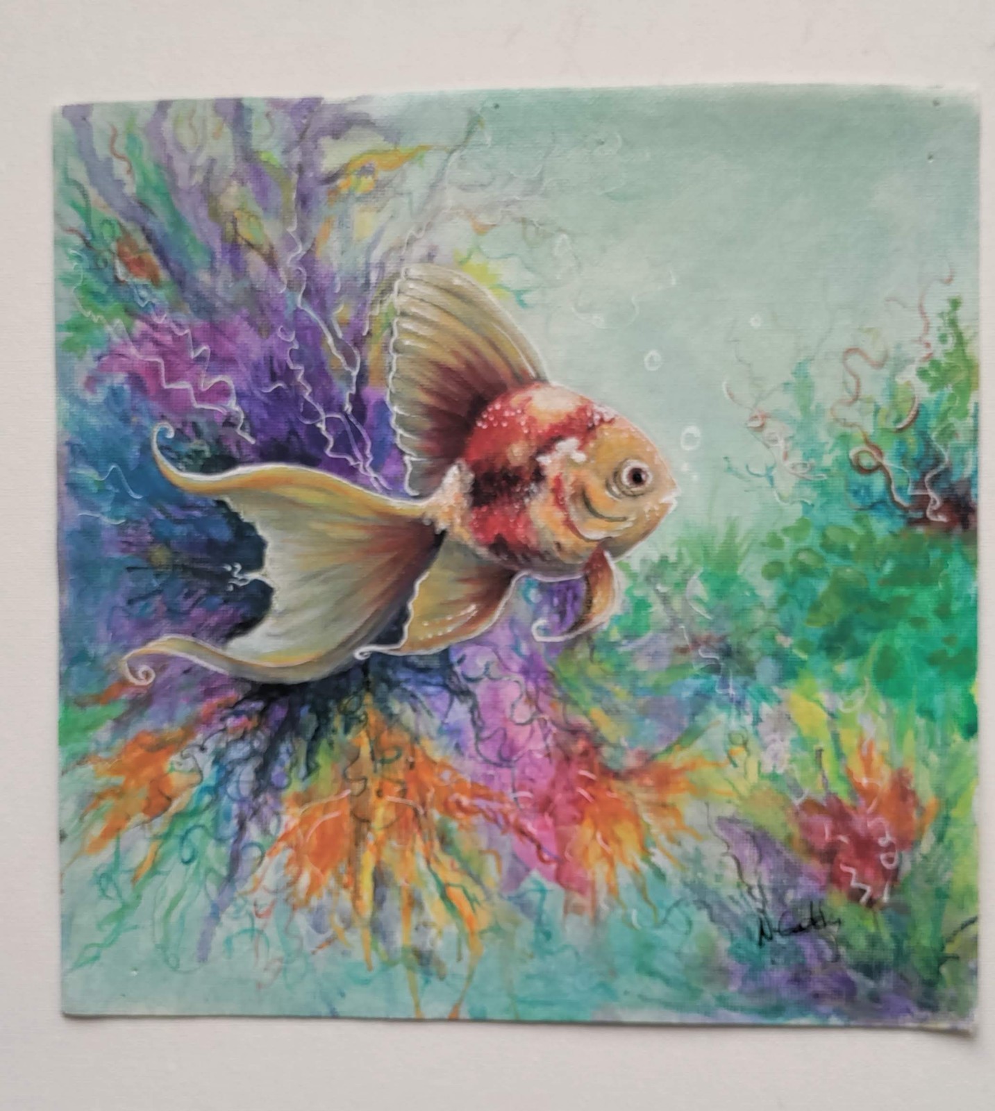 Original Abstract 9 x 9″ Study Colorful Fish Acrylic on PAPER Art