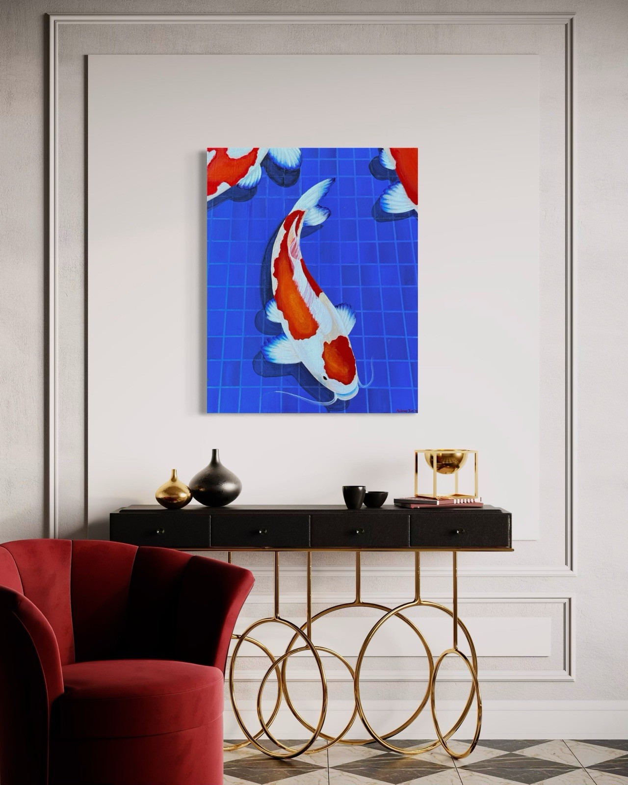 Koi Pond in Red White -original oil painting by Aubrey Jun. 16×20”