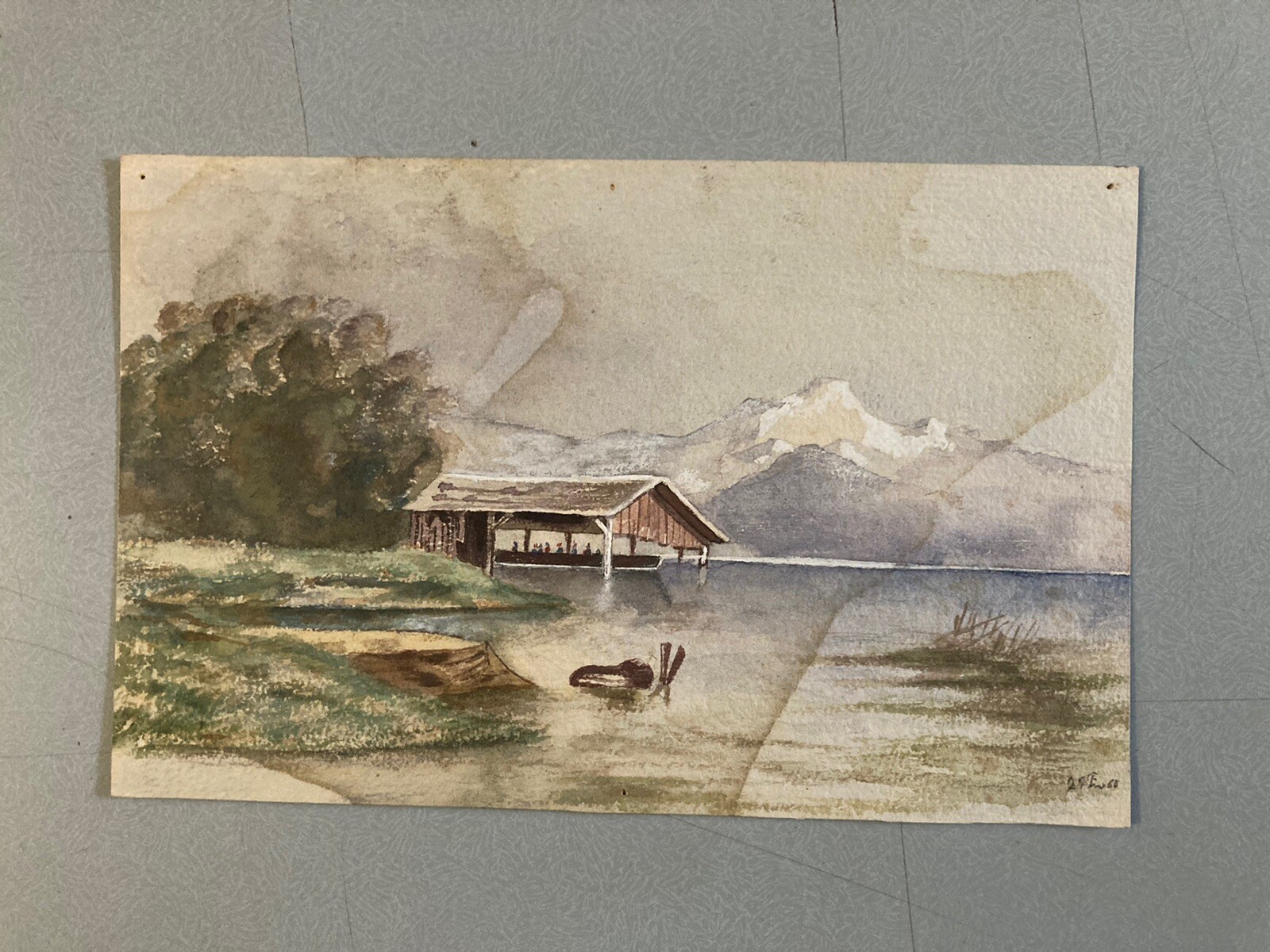 Very beautiful Gouache Original XIXth Art Watercolor Lake Mountain 1868 Antique