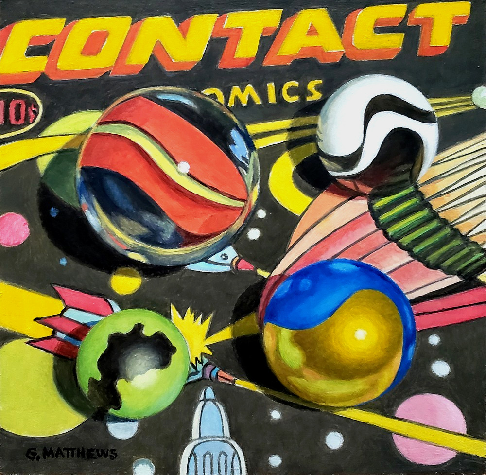 Original Oil Painting Still Life Marbles on Contact Comics 6 x 6 Realism NEW