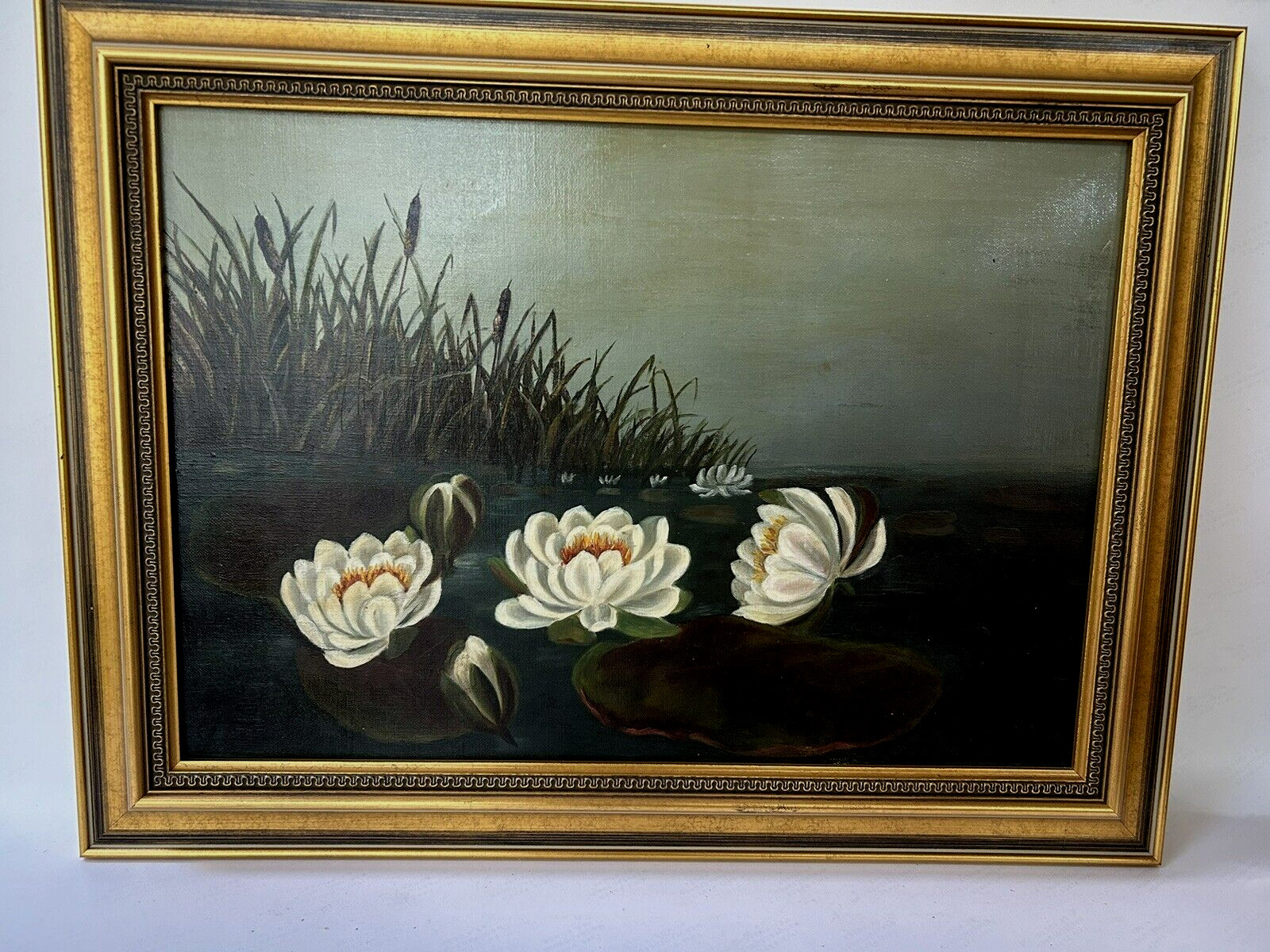 Original Antique Water Lillies oil Painting Lily Pond Victorian