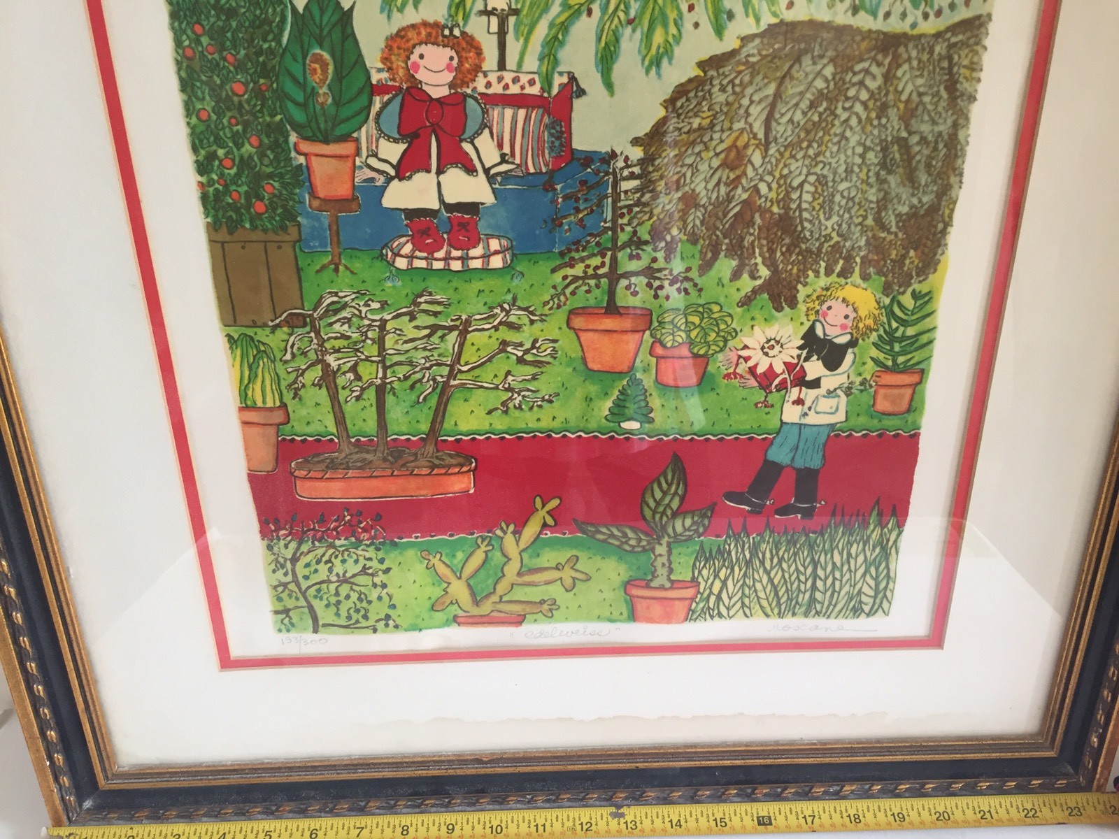 Beautiful Framed Drawing of Children In The Garden Edelweiss Signed Numbered