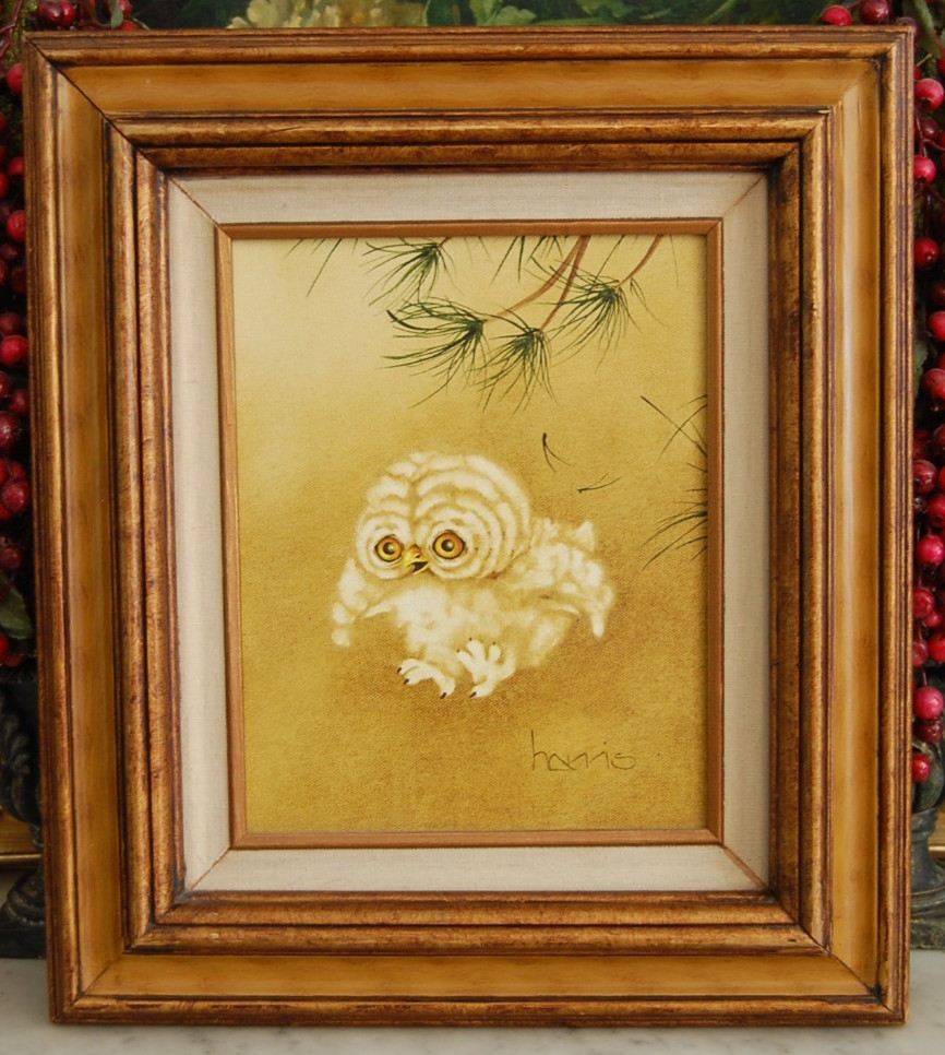 VTG 1984 FRAMED SIGNED PEGGY HARRIS ORIGINAL SMALL OWL OIL PAINTING «GERONIMO!»