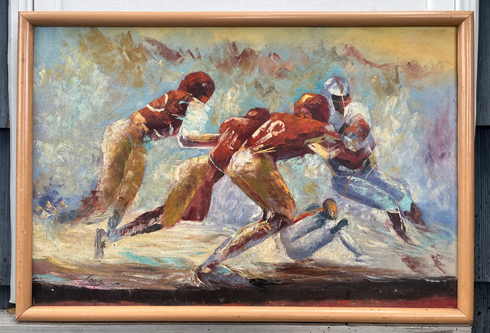 Original Oil Painting Art Football Game Players Collide Tackle Play Signed Pons