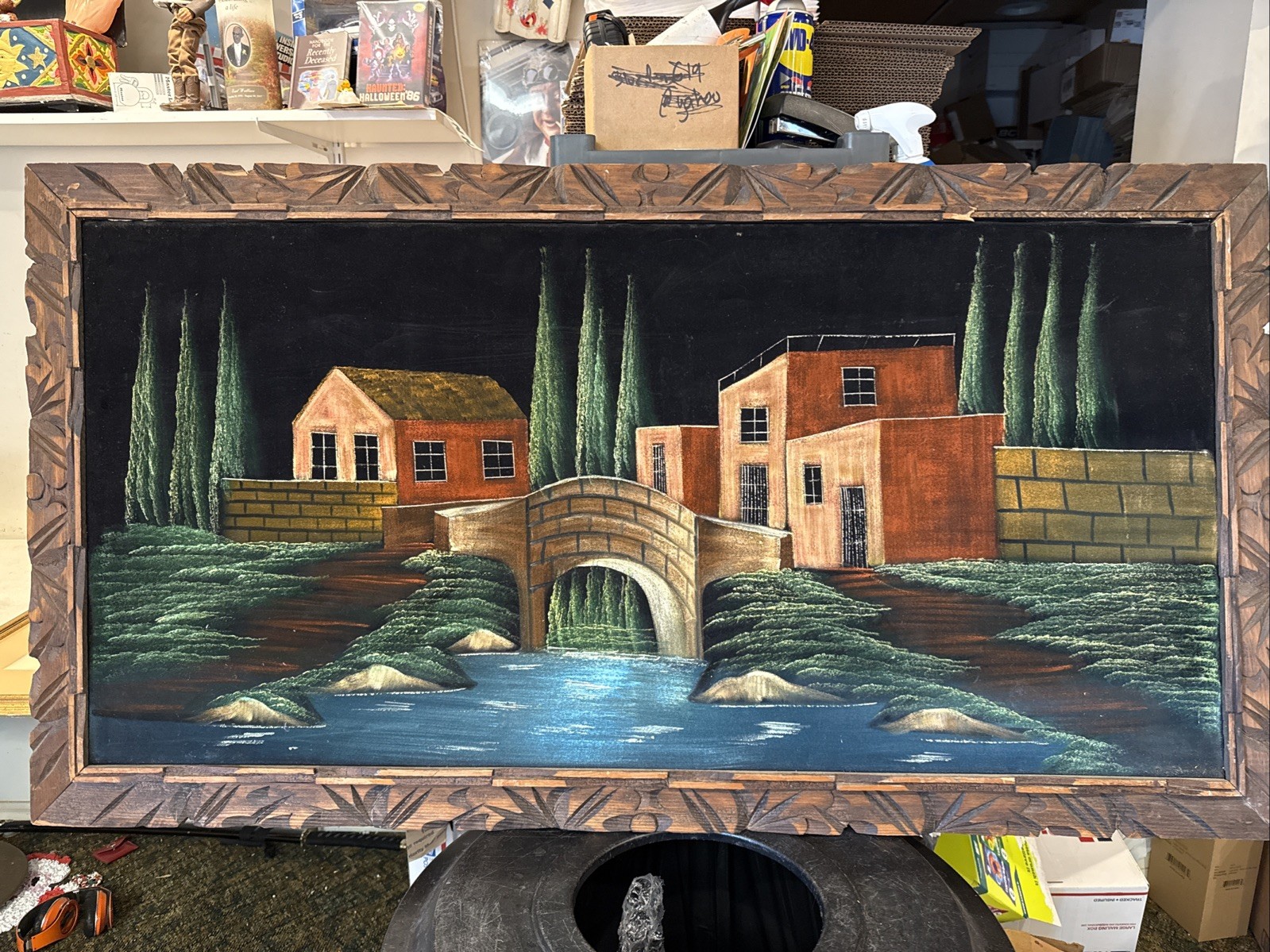 HUGE 50”x27” Black Velvet Painting Wood Framed Mexico Mexican Village Pueblo