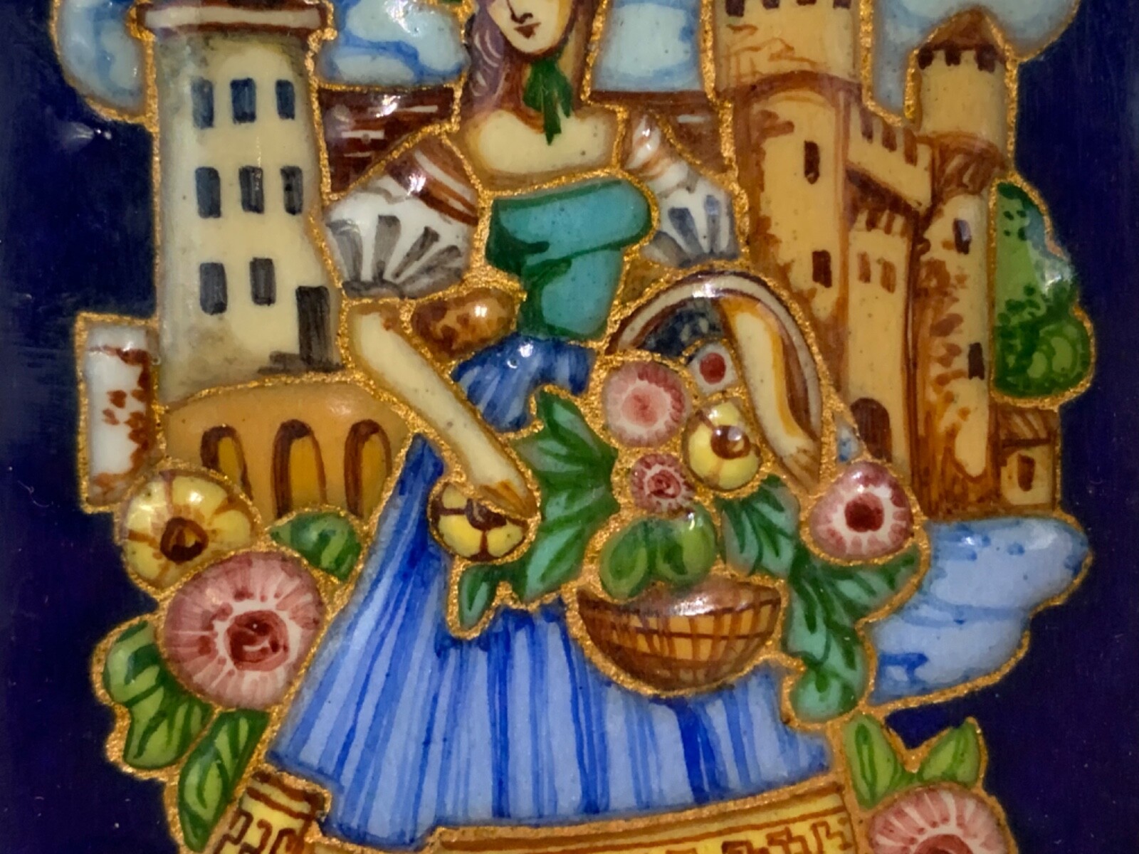 Vintage Framed Painted Enamel Flower Girl Plaque Art with Artist Initials