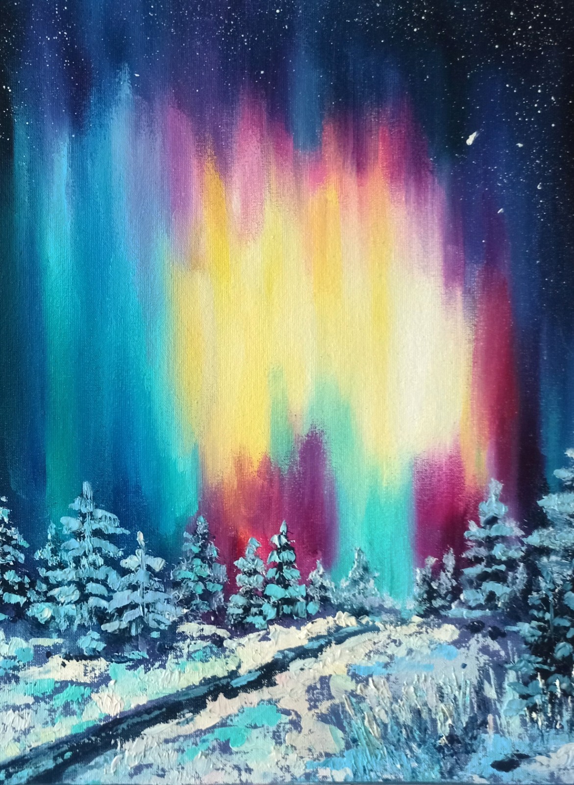 Original Oil Painting Canvas board 35x27cm Night Landscape Aurora Borealis Art