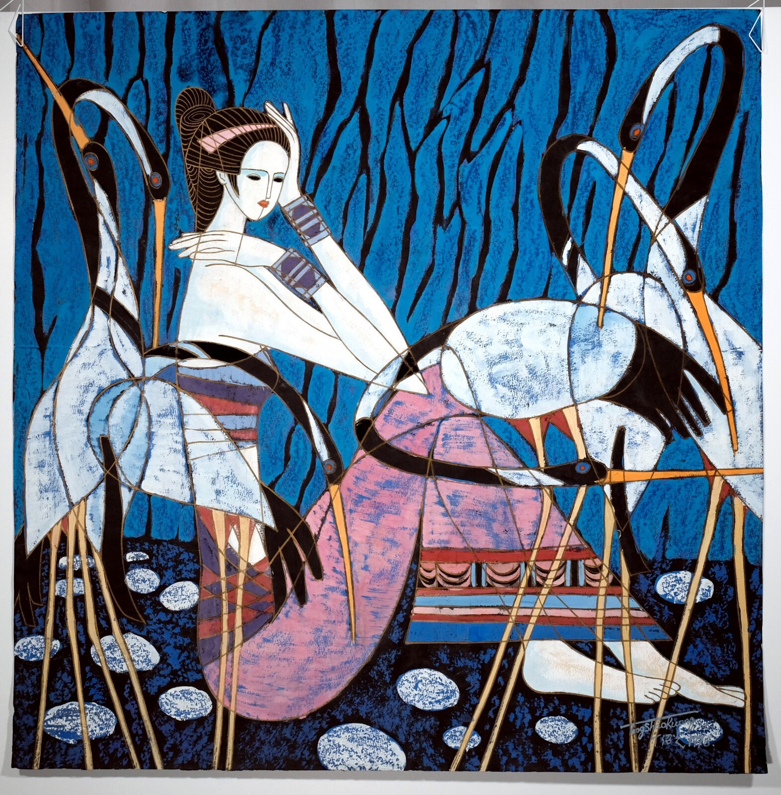 EUC Ting Shao Kuang Woman with Cranes Original Gouache Painting Hand Signed OOAK