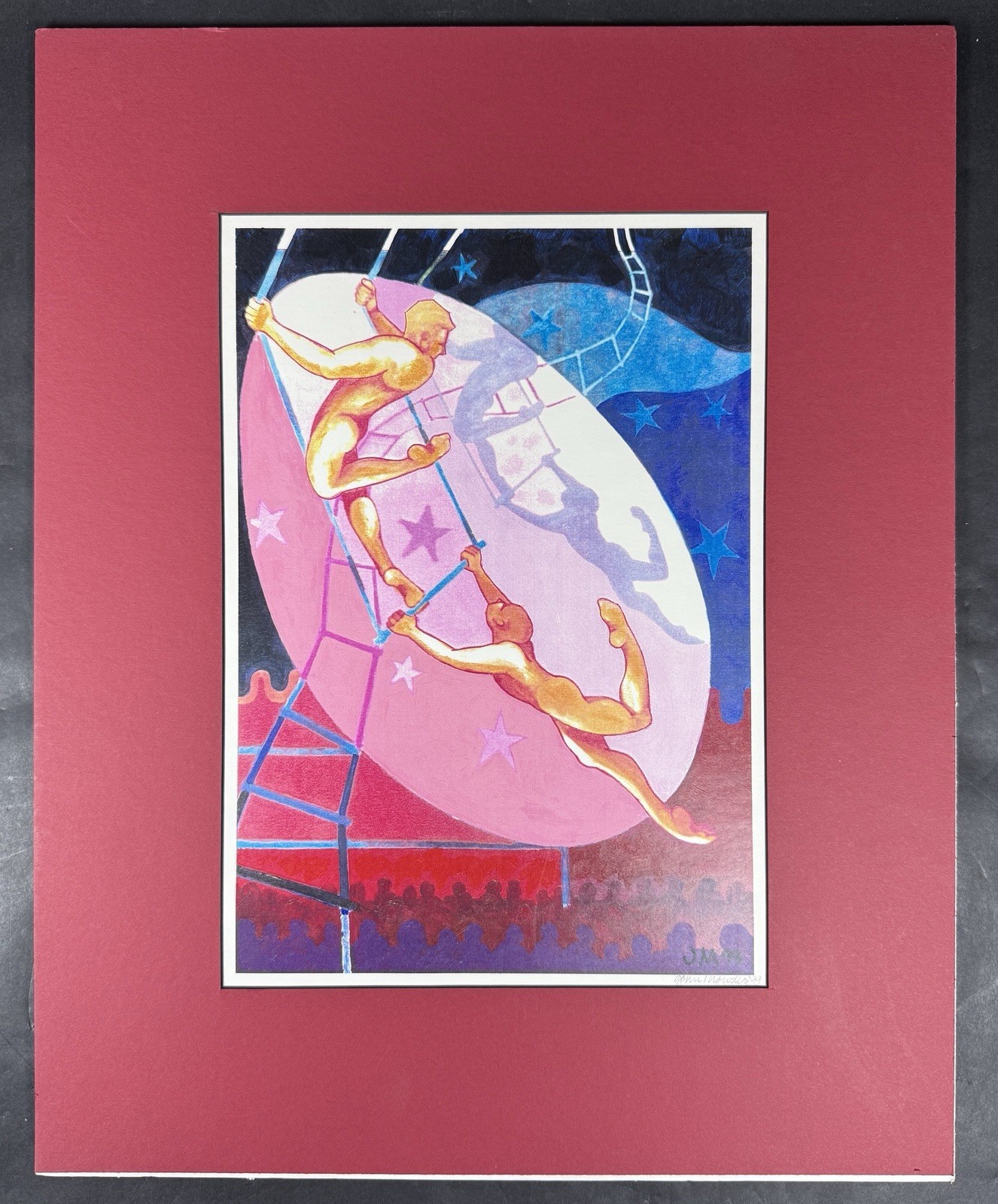 Vintage John Mowder (Contemporary, USA) Circus Trapeze Acrobat Painting 1999