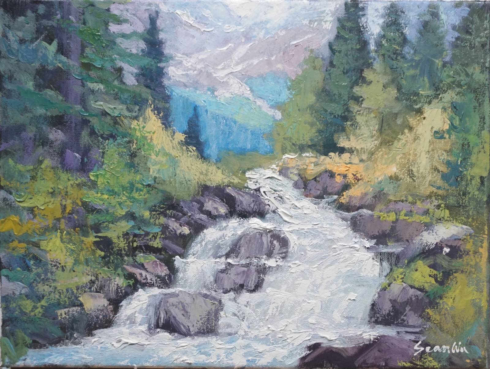 Sean Wu original oil painting, 12×16 on stretched canvas, montain stream