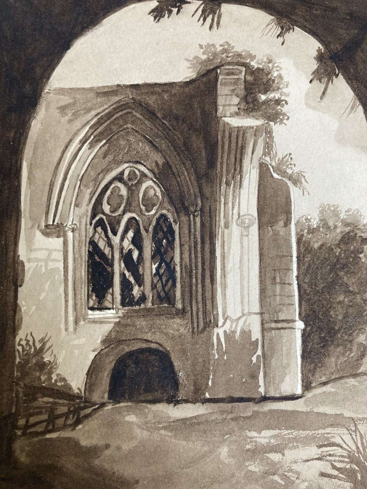 Painting Drawing Xixth 1820 Ink Lavis Eglise Cathedral Ruins Antique Art Porch