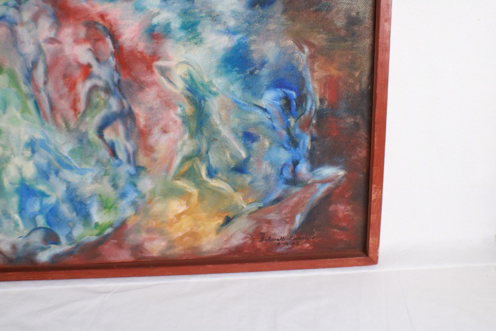 Abstract Figures Mid Century Oil Painting On Board Signed M Schwalb-Mansour 1963