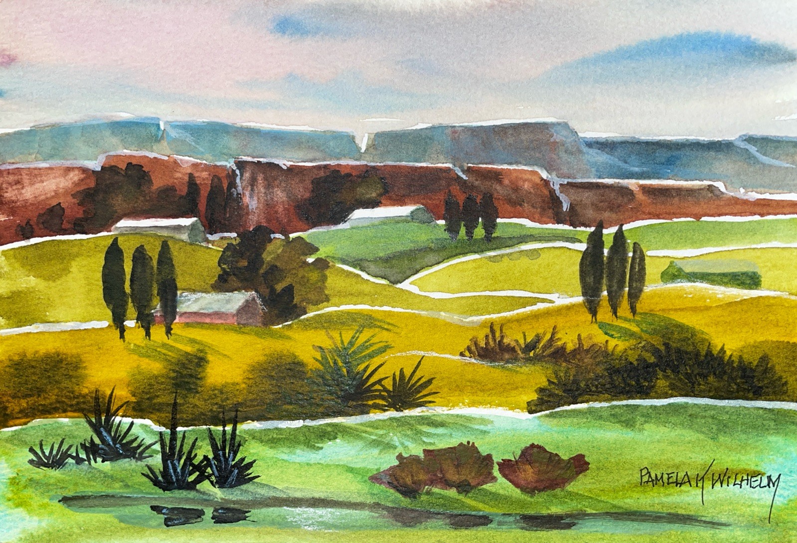 6”x8” Pamela Wilhelm Original Watercolor Desert Rust Green Gold Mesa After Rain