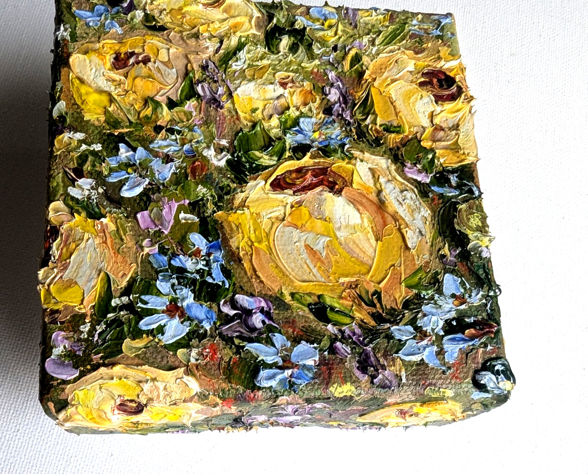 ORIGINAL OIL impasto Painting «Yellow ROSES» 4″X4″ X 1.5″ by Olga Diduh.