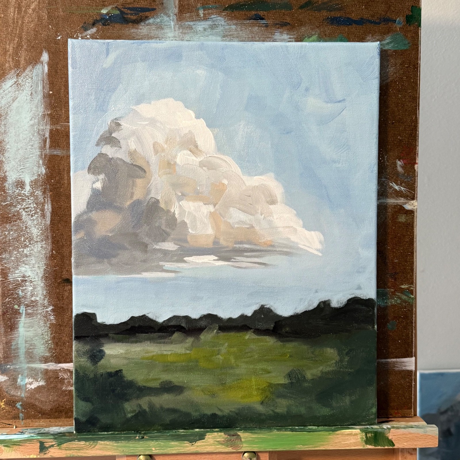 Original Acrylic Landscape Painting Contemporary Modern Field and Clouds 11×14