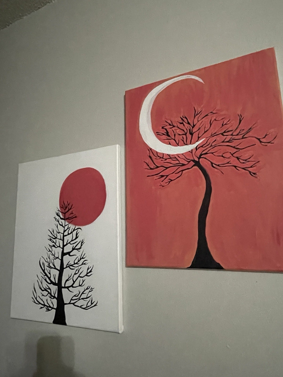 Diptych Tree Canvas Painting Set Minimalist Nature Art Unframed Red Sun Moon