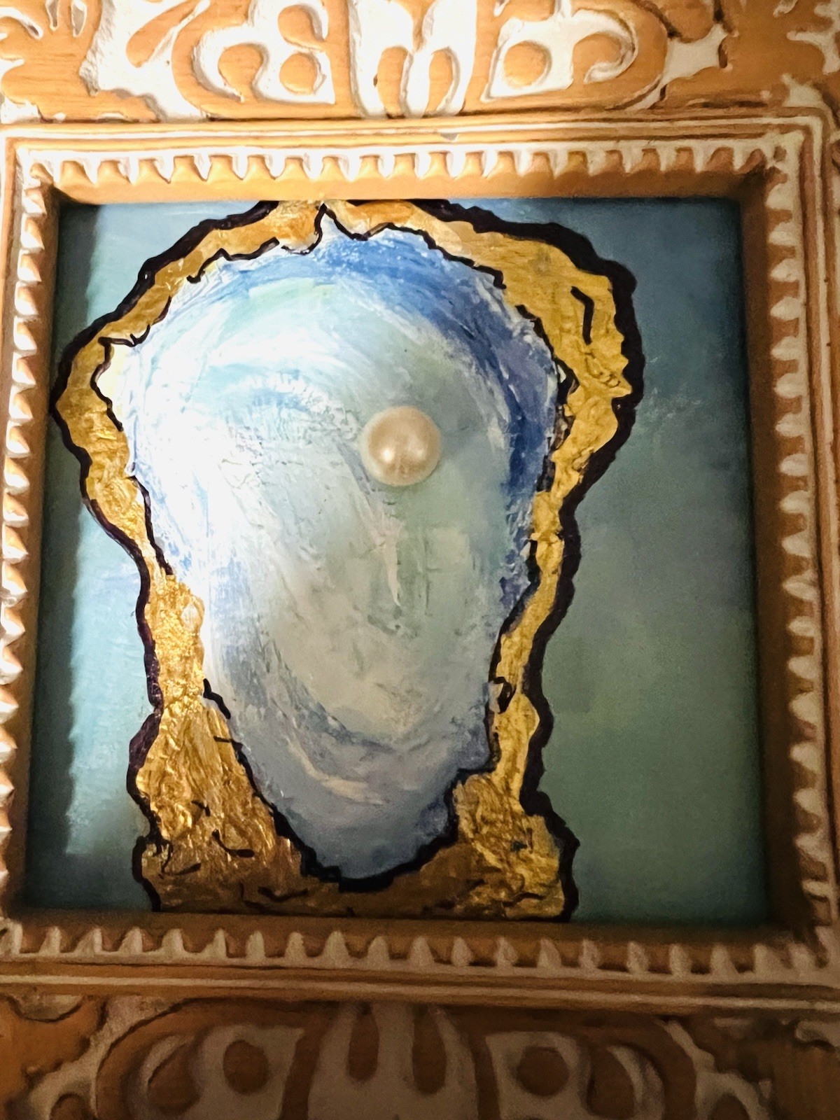 Original Oil Painting Oyster Shell With a Pearl, Presented In a Frame. 