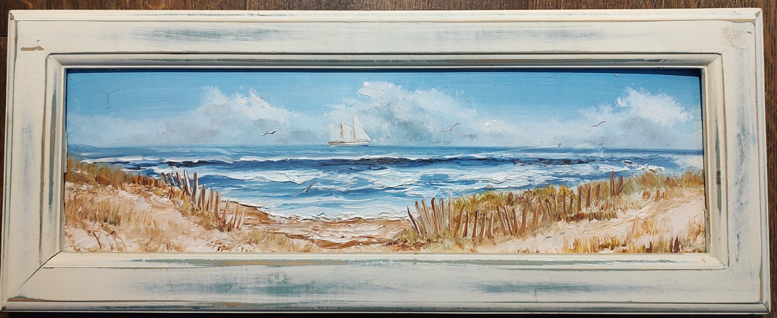 Vintage Acrylic on Board Painting Ocean Ship Beach NJ Signed Pat Maglione 20×8