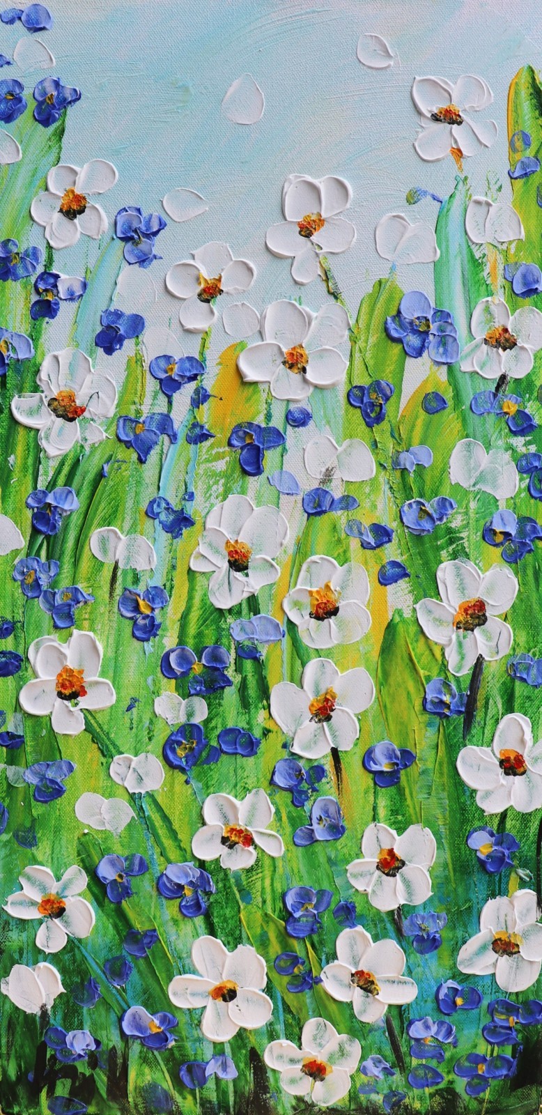 Original Wildflower Painting 12×24 Textured Blue White Floral Art