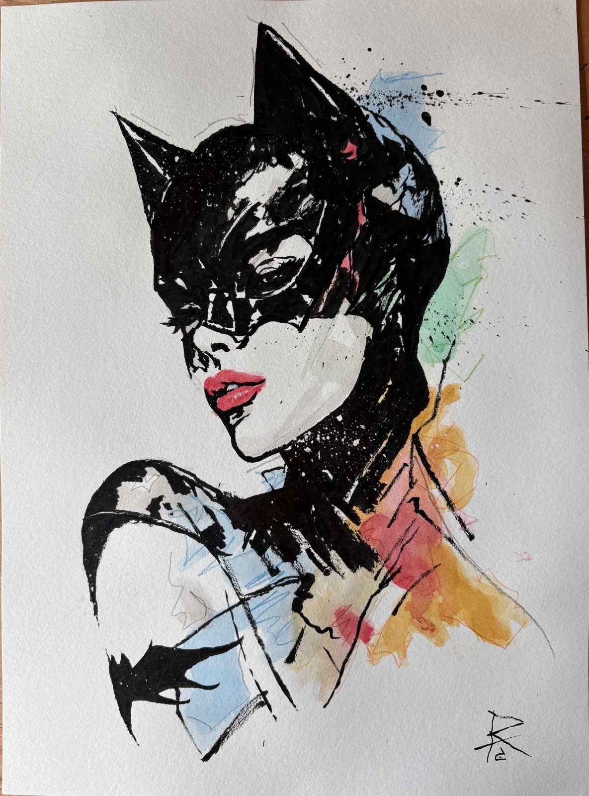 Catwoman 11×15 Original Watercolor & Ink Portrait Painting Pop Art Fashion
