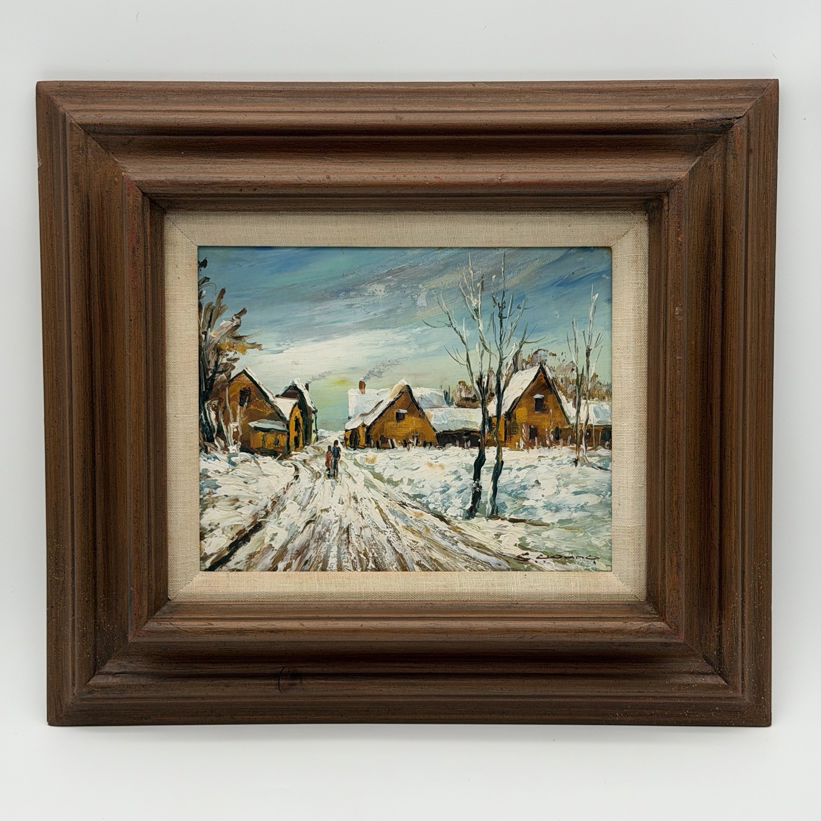 Original Signed Oil Painting Winter Village Snow Scene Impasto Landscape Framed