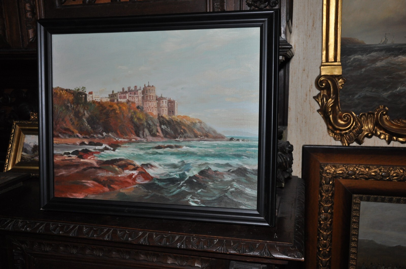 Lovely Landscape with Castle by C. Wells oil on canvas laid on Board