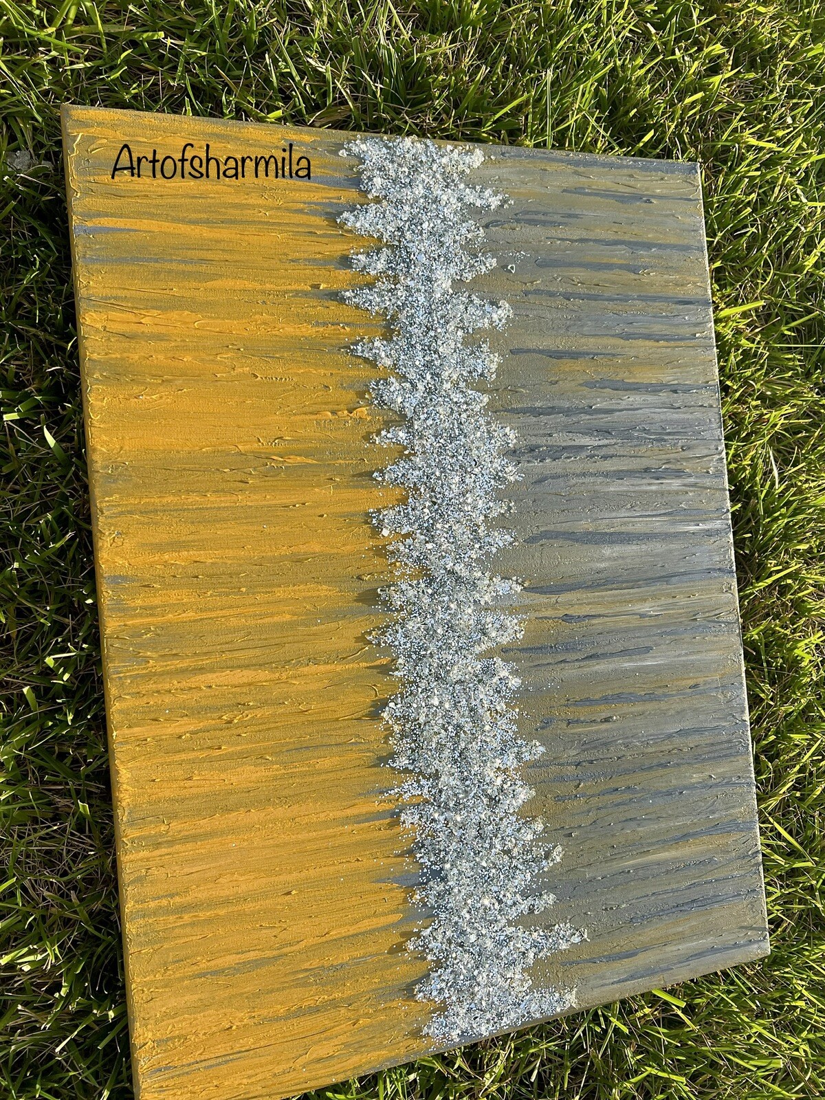 Modern Textured Painting With Crushed Glass & Silver Glitter On Canvas (18”x24”)