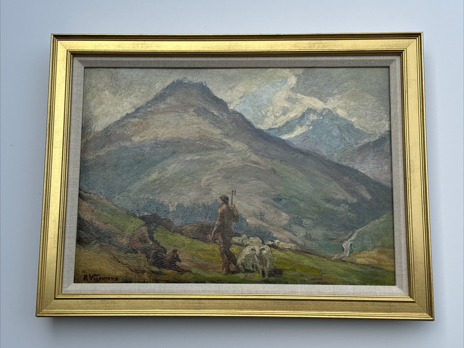 ANTIQUE PAINTING IMPRESSIONIST LANDSCAPE WITH NATIVES SHEEP DOG PORTRAIT OIL