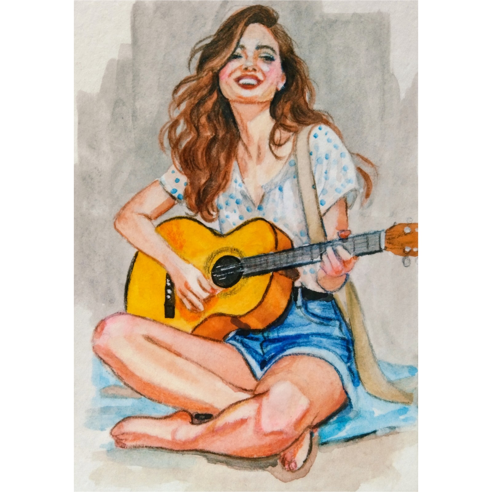 Original ACEO Watercolor Girl Playing Guitar Portrait Painting Woman Female Art