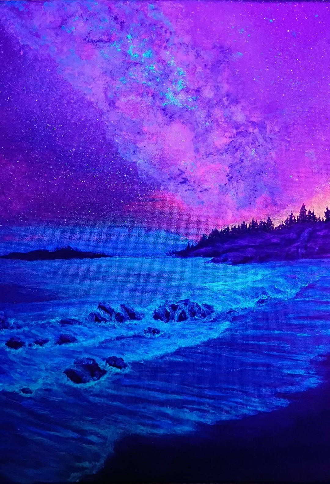 Bioluminescent shoreline under Milky Way acrylic painting on canvas