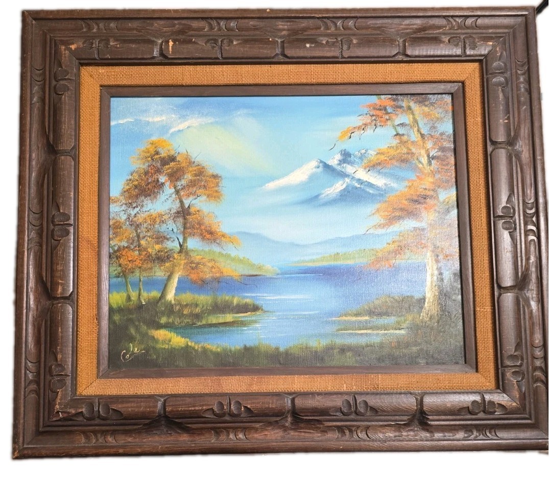 Vintage 70s Mountain Lake Landscape Oil Painting Signed Cole Carved Wood Frame